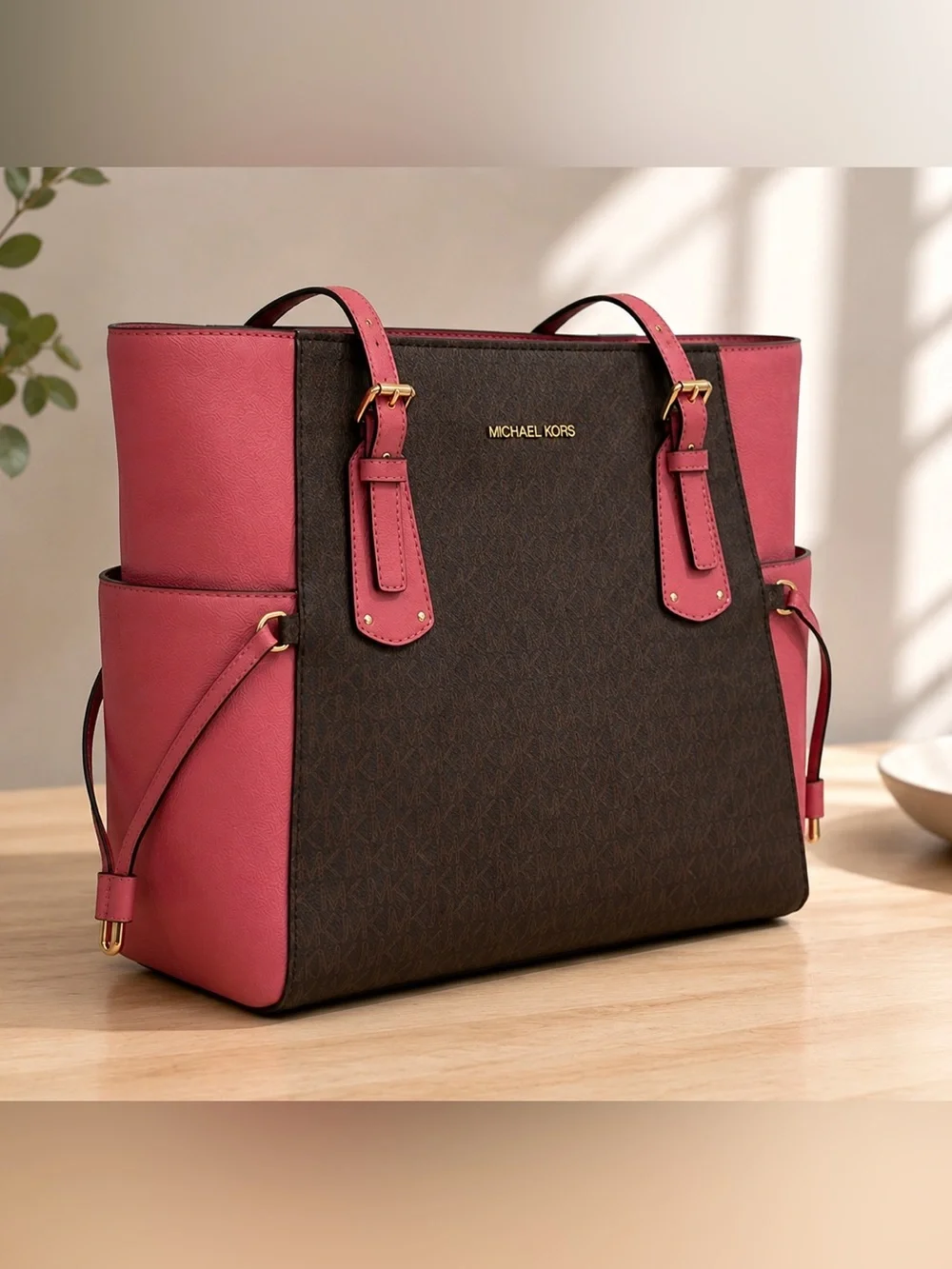 Michael Kors Brown Monogram Tote with Pink Trim